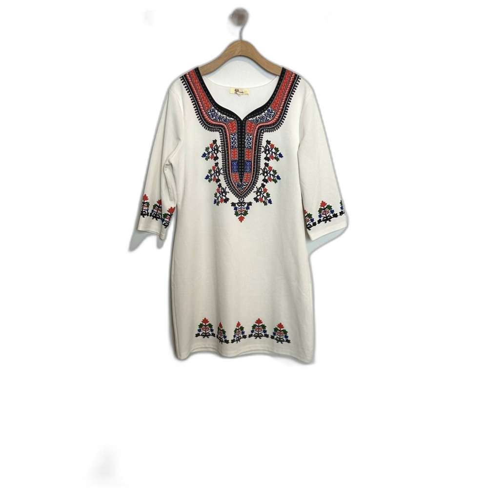 Aryeh Womens Sheath Short Dress White Printed Size XL 3/4 Sleeve V-neck Lined